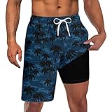 Goodstoworld Men Swimsuit Trunks Liner 9 Inch Beach Board Shorts Bathing Suits with Compression Guys Camouflage Palm Tree Blue Stretch Swimming Funny Print Pool Vacation Pants