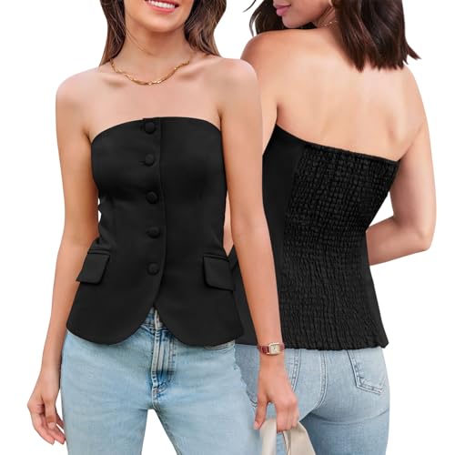 Yousify Womens Strapless Smocked Tube Top Sleeveless Button Fitted Blazer Vest 2025 Work Business Casual Tank Tops