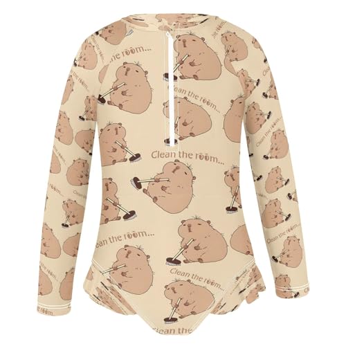 Capybara Mopping The Floor Girls Long Sleeve Swimsuits One Piece Zipper Bathing Suit UPF 50+ Rashguard Swimwear2