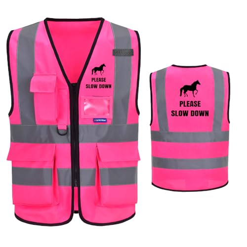 Image of Equestrian PLEASE SLOW DOWN Hi Vis Vest Pink Horse Riding Safety Vest pink Reflective Waistcoat Jacket