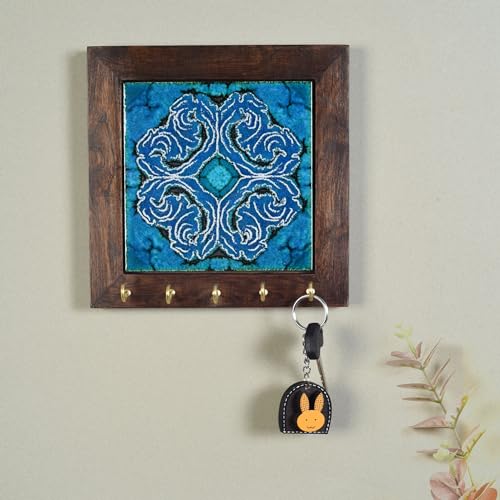 Image of AAKRITI ART CREATIONS Key Holder, Blue Daisy Handcrafted Key Holder Panel | Rustic Ceramic & Wood Wall Organizer with 5 Hooks | New Home Gifts | Multifunctional Entryway Decor.