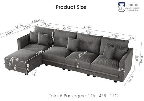 Image of LLappuil 112 inch Modular Sectional Sofa with Storage, L-Shaped 5-Seat Corduroy Couch with 4 Throw Pillows, Pet-Friendly Convertible Sofa for Small Living Room & Apartment, Skin-Friendly, Grey
