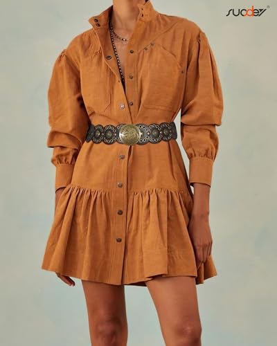 SUOSDEY Western Women Leather Belt Concho Disc Waist Belts Ladies Vintage Wide Waist Belt Boho Belt for Dress Jeans3