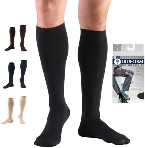 Truform Compression Socks, 8-15 mmHg, Men's Dress Socks, Knee High Over Calf Length, Black, Medium