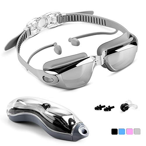 Unisun Schwimmbrille für Erwachsene, Nicht auslaufend, verstellbar, mit Ohrstöpsel, Nasenklammer, Klar Anti-Beschlag, für Herren, Damen, Kinder, 6 +, Schwarz/Blau/Pink/Grau Regulierbar Silber
