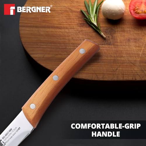 Image of BERGNER Natural Stainless Steel 12.5cm Utility Kitchen Knife, for Cutting, Chopping, Slicing, Sharp Blade, Food Grade, Non-Toxic, Stainless Steel Material, Mirror Finish, Wooden Handle, Non-Slip Grip