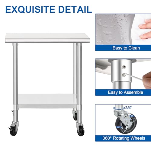 Image of HARDURA Stainless Steel Commercial Table Prep & Work Table with Casters Heavy Duty Metal Table with Wheels NSF 430 18x36 Inches