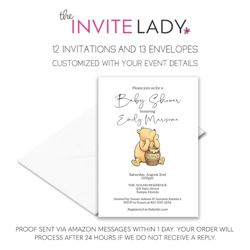 Pooh Bear Baby Shower Invitations Gender Neutral for Boy Girl Classic Winnie Customizable Invites (12 Count) - Thumbnail 3