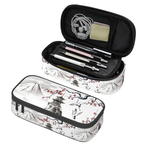 Image of Japanese Cherry Blossom And Fujiyama Ink Painting Large Pencil Case, Pencil Pouch With Zipper Compartments Stationery Pencil Bag For Kids Teens Students School Supplies