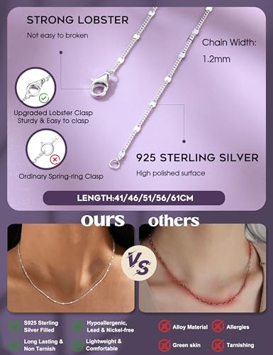 CASSIECA Silberkette Damen 925 Ohne Anhänger 925 Sterlingsilber Damen Halskette Kette Choker Platte Dünn Robust Wasserfester 1,2mm Silber Schmuck 41cm