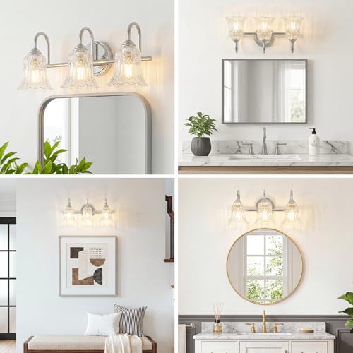 Image of Bathroom Light Fixtures Over Mirror, 3 Lights Vanity Lights with Flower Glass Shade, 18.9 inch Chrome Vintage Bathroom Light Fixtures for Bedroom, Porch, Hotel, Mirror Cabinet