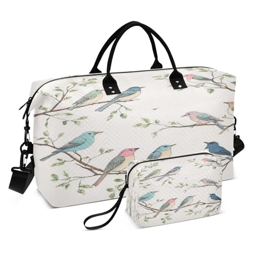 Vintage Bird Travel Duffel Bag Large Capacity Weekender Bag with Toiletry Bag Detachable Shoulder Strap Travel Tote Bag for Women