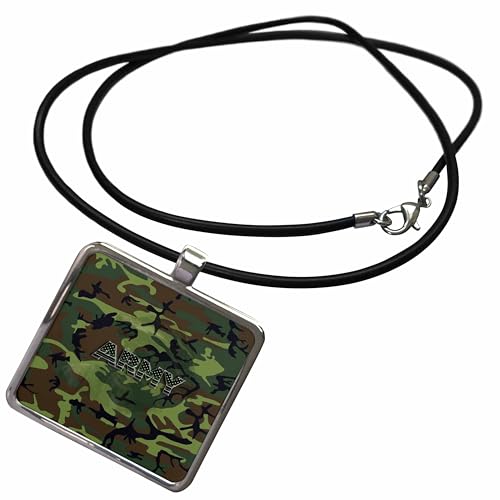 3dRose Sandy Mertens Camouflage - Woodland Green Camouflage with Flag Font - Army - Necklace With Rectangle Pendant (ncl_130688)