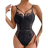 Faringoto Sexy Damen-Unterwäsche, Body, rückenfrei, transparenter Netz-Pyjama, transparente Spitze, Korsett, 8042, Schwarz, L