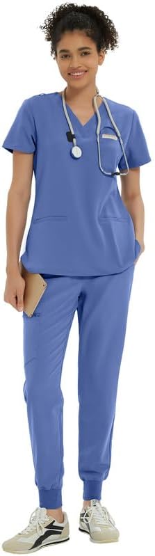 Kitmaz Women's Scrub Set - V-Neck Top & Jogger Pants, 9 Pockets, Ultra-Soft & 4-Way Stretch