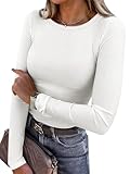 KLWCJFFF Women Long Sleeve Crewneck Rib Knit Slim Fit Shirts Basic Tee Tops 2024 Casual T-Shirt Going Out Workout Outfits White