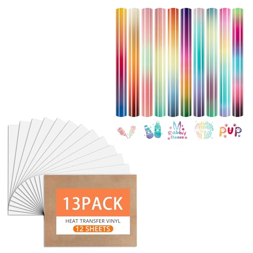 HTVRONT White HTV Heat Transfer Vinyl 13 Pack 12" x 10" White Iron on Vinyl for T-Shirt & Gradient Heat Transfer Vinyl 11 Sheets