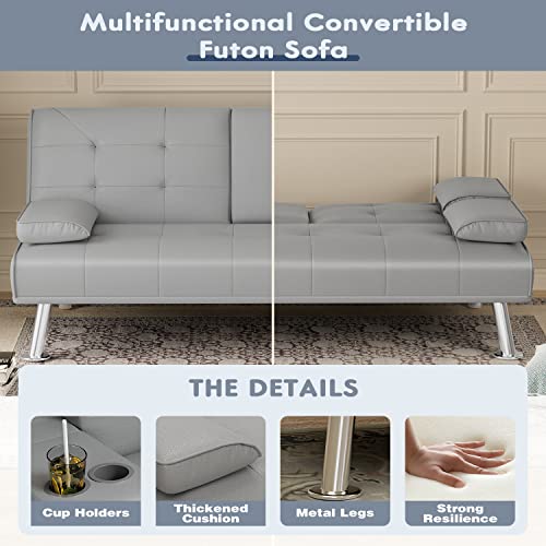 Yeshomy Futon Sofa Bed Modern Faux Leather Convertible Folding Lounge Couch For Living Room With 2 Cup Holders, Removable Soft Armrest And Sturdy Metal Leg, Dark Gray #TOP4