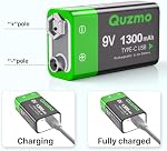 4-Pack Rechargeable 9 Volt Lithium-ion Batteries, 1300mAh Long Lasting Power, USB-C Recharge with 2 in 1 Charging Cable for Smoke Alarms,Multimeters,Microphones,Walkie-Talkie,Toys