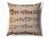 KDHTY Vintage Fishing Trout Fish Throw Pillow Covers 18x18, Fishing Nursery Decor Pillowcase for Boys Men, Lake House Decor, Rustic Lakehouse Fish Pillow Cases for Lake Home Bedroom Farmhouse Cabin