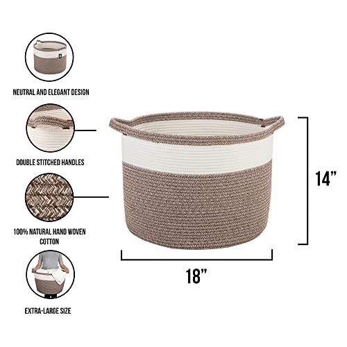 Xl Cotton Rope Basket – Off-White And Brown - 18”W X 14”H – Extra Large Multipurpose Blanket Storage Basket Organizer – Elegant And Modern Design – Ideal For Baby Nursery, Toys, Towels, Laundry Bin #TOP1