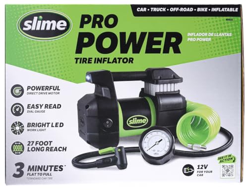 Image of Slime 40031 Tire Inflator, Portable Car, SUV, 4x4 Air Compressor, Pro Power, Heavy Duty, with Analog 150 psi Dial Gauge, Long Hose and LED Light, 12V, 3 min inflation