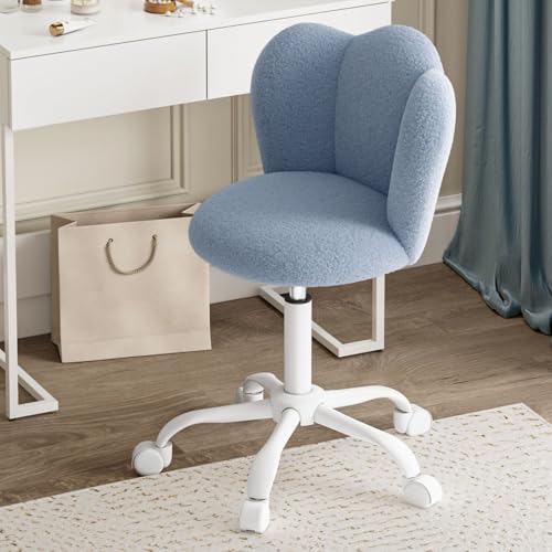 Luxstein Boucle Office Desk Chair, Height Adjustable Swivel Vanity Chair with Thickened Cushion for Home Office Bedroom Dressing Room Study, Blue