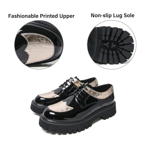 Image of Men's Patent Leather Platform Wingtip Oxford Shoes with Rivets Round Toe Lace Up Lug Sole Brogue Dress Shoes Comfortable Business Work Causal Derby Oxfords