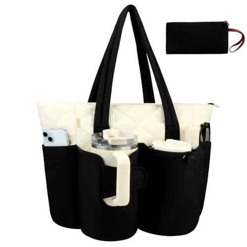 SIYNPAV Work Tote Bags for Women with Cup Holder& Clutch Purse, Large Puffer Tote Handbags with Water Bottle Pocket& 15.6 Inch Compartment for Daily School Commuter Teacher Nurse (2 Pcs)