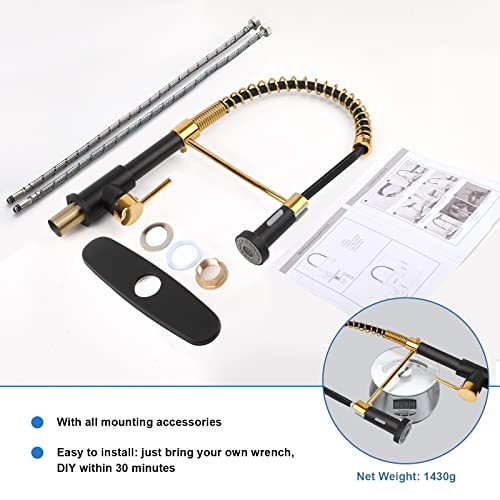 M Oudemei Commercial Pull Down Kitchen Sink Faucet With Dual Function Sprayer, Single Handle Spring Faucets With Deck Plate, High Arc Kitchen Faucet For 1 Or 3 Hole Easy Installation (Gold & Black) #TOP5