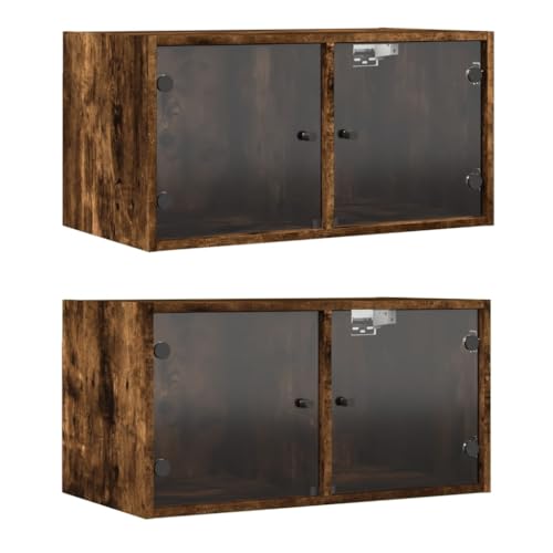 Image of ZQQLVOO Wall Cabinets with Glass Doors 2 Pcs, Smoked Oak 68.5x37x35 cm, Wall-Mounted Hanging Storage Units for Living Room or Office