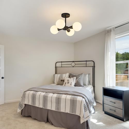 Image of Modern Ceiling Light with Milk White Glass lampshade Black Semi Flush Mount Ceiling Light Fixture Sputnik Chandelier for Bedroom Living Room Dining Room Foyer Hallway(4-Lights)