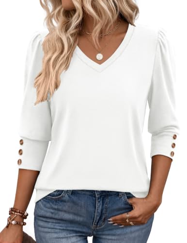 Zeagoo Womens 3/4 Sleeve V Neck T Shirts Dressy Casual Tops L White | White V Neck Tees, Soft Tunic Tops, Casual Shirts, Dressy Blouses