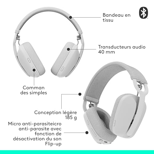 Logitech Zone Vibe 100 Casque d'écoute léger sans fil avec Micro anti-bruit de fond, Écouteurs Bluetooth multipoint avancés, Fonctionne avec Teams, Google Meet, Zoom, Mac/PC - Blanc