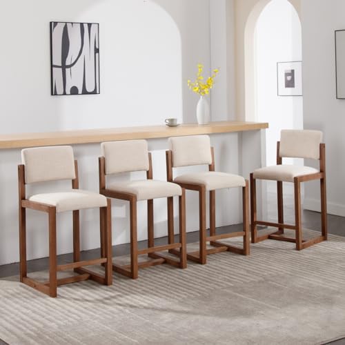 LukeAlon Linen Counter Stools Set of 4, Farmhouse Upholstered 26" Seat Height Counter Height Bar Stools with Wood Legs Open Back for Home Pub Kitchen, Beige