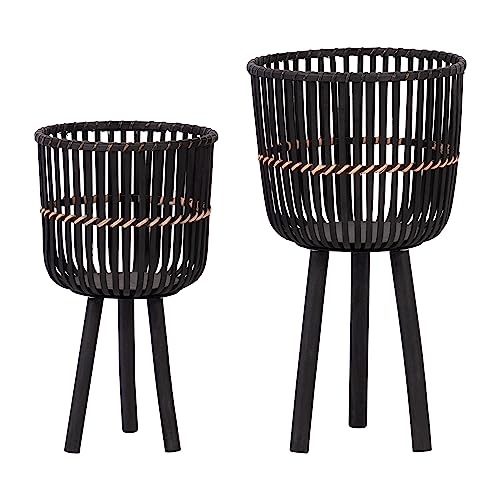 Sagebrook Home Set Of Two 19" H 10" Diameter /23" H 12" Diameter Black Tri-Footed Bamboo Planters For Garden, Patio, Entryway, Or Living Room #TOP1