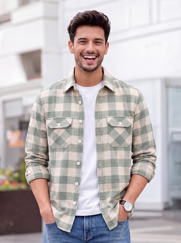 Image of Amazon Brand - INKAST Men's Cotton Blend Button Down Shirt || Long Sleeve Casual Flannel Check Shirt || Soft Breathable Lightweight Collared Shirts with Two Flap Chest Pockets || Stylish Everyday Wear