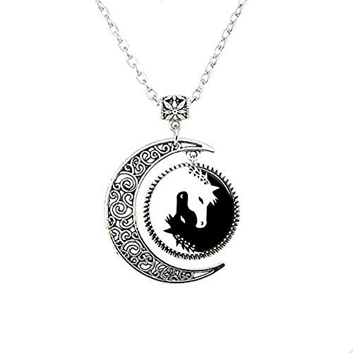 Collier avec pendentif en forme de cheval, lune et yin yang - Noir et blanc - Photo en verre Cover