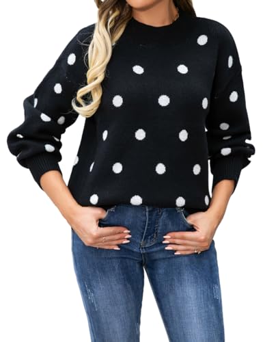 IDEALSANXUN Polka Dot Pullover Sweaters for Women Fall Winter Oversized Bell Sleeve Crewneck Chunky Knit Sweater Top