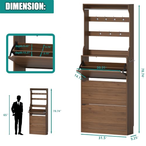 Image of Shoe Cabinet for Entryway with 3 Flip Drawers, Walnut Tall Wood Shoe Storage Cabinet with Coat Rack, Narrow Hidden Slim Freestanding Shoe Rack Organizer, 2 in 1 Hall Tree for Living Room, Hallway