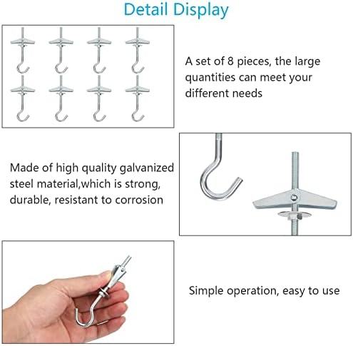 WEDNOK 8 Pcs Wing Spring Toggle Hooks Plasterboard Ceiling Hook M5/95mm Galvanized Steel Mount Hook Fixing Anchors with Threaded Hooks for Drywall Cavity Hollow Wall Board Plank Hanging Plants Lights