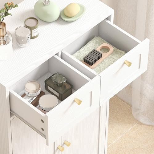 HOMCOM Armario de Baño Estrecho, Mueble Auxiliar de Baño, 60x30x108 cm, con 2 Cajones, Estante Abierto y Puerta con Panel Arqueado, Estilo Moderno, para Espacios Pequeños, Blanco Veteado - imagen 9