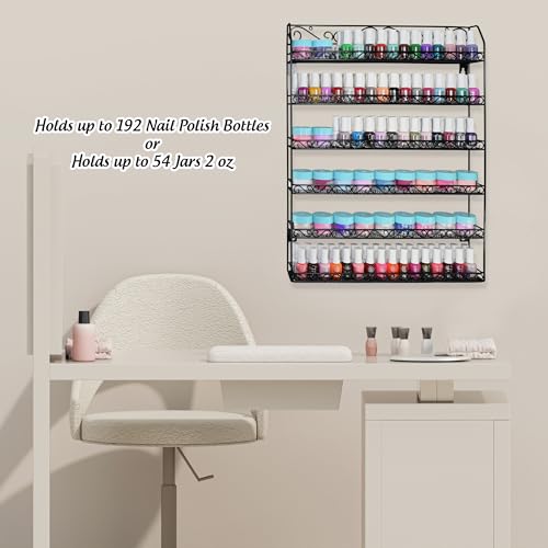 AMT 6 Tier Up to 192 BOTTLES Metal Nail Polish Racks for the Wall, Quality Nail Polish Display, Essential Oils Organizer. Holds up to 192 Bottles (Black)
