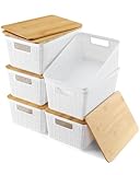 Storage Bins with Lids Set of 6, Plastic Storage Baskets with Bamboo Lids-Stackable Storage Containers for Shelves Drawers Desktop Closet Pantry Playroom Classroom Office, White