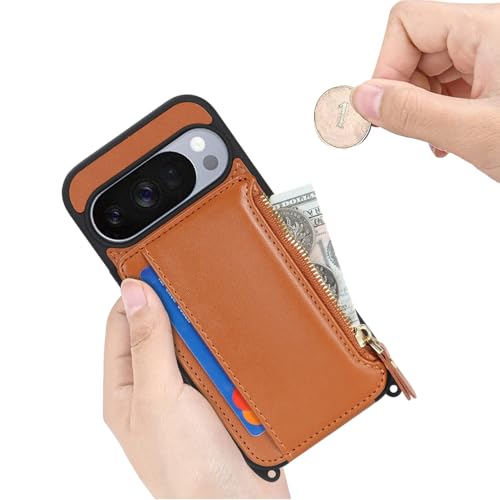 Cavor Compatible with Google Pixel 10/10 Pro Case Wallet with Card Holder, Pixel 10 Crossbody Case with Strap, PU Leather Zipper Pocket Card Slots Protective Phone Cover-Brown by Cavor - Image 3