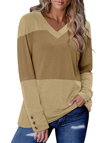 KISSMODA Long Sleeve Shirts for Women Color Block Tops Tunic Light Weight Sweaters Fall Fashion 2025 V Neck Blouse