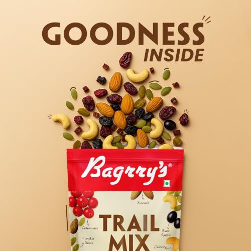 Image of Bagrry's Trail Mix 200g | 7 in 1 Ingredients | Californian Almonds | Cashews | Cranberries | Dates | Pumpkin Seeds | Green & Black Raisins | High Protein | Source of Fibre | Oil-Free | Non-Salted | Guilt-free Anytime Snack | Dry fruit mix | Mix nuts | Travel Friendly, Easy to Carry Snack