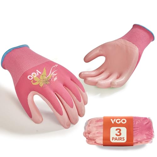 VGO 3 Paires Gants de Jardinage Femmes - Enduit de Nitrile Antidérapant, Lavable en Machine et Respirant pour l'Extérieur, le Bricolage, le Ranch, le...