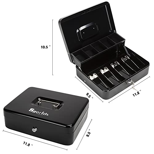 Sgorlds Large Locking Cash Box with Key Lock and Money Tray, Money Box with Cash Tray, Lock Safe Box for Office Business, 11.8\" x 9.5\" x 3.5\", Black - Thumbnail 7