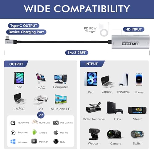 Image of Guermok 4K USB3.0 HDMI Capture Card for Streaming, 1080P60FPS, PD100W 3.3ft | 2K@30FPS, 90 USBC, HDMI to USB C /A Video Capture Devices, Works with iPad / Quest 3 /MacOS / Switch2 /1 PS5 /4 Camera for Gaming